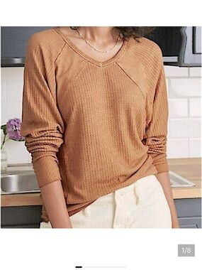 Cozy Waffle Knit V-Neck Sweater - Camel